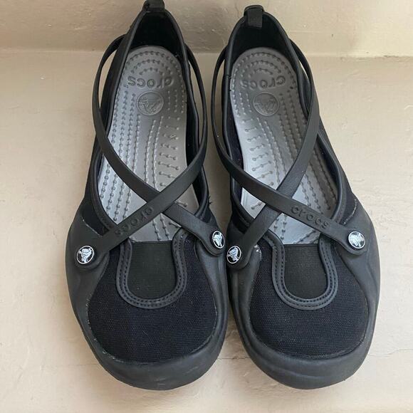 Crocs Celeste Mary Janes Womens Size 8 Black Ballet Flats Canvas Work Shoes - Picture 3 of 6